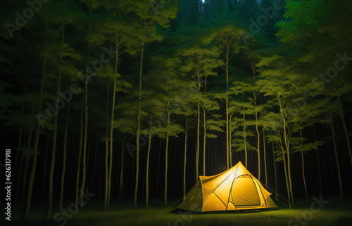 Tourist tent in the night forest, generative AI
