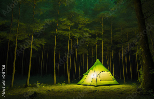 Tourist tent in the night forest, generative AI