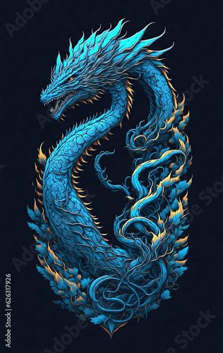 Chinese Dragon design illustration. Traditional mystical creature detailed and ornate drawing.