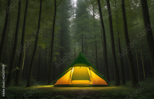Tourist tent in the night forest, generative AI