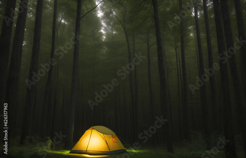 Tourist tent in the night forest, generative AI