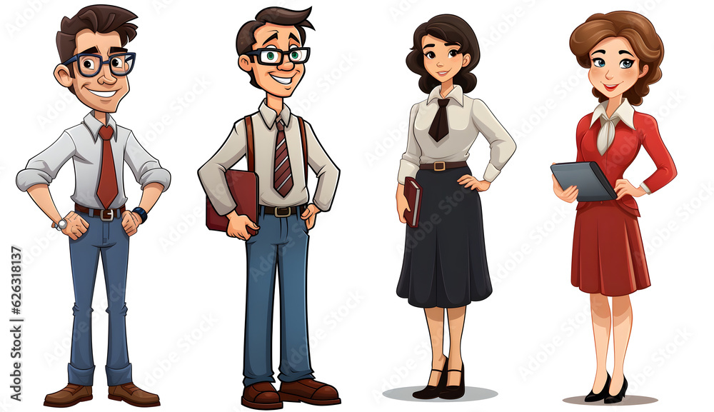 A male, female school teacher cartoon clip art in transparent background cutout - Generative AI A male, female school teacher cartoon clip art in transparent background cutout - Generative AI
