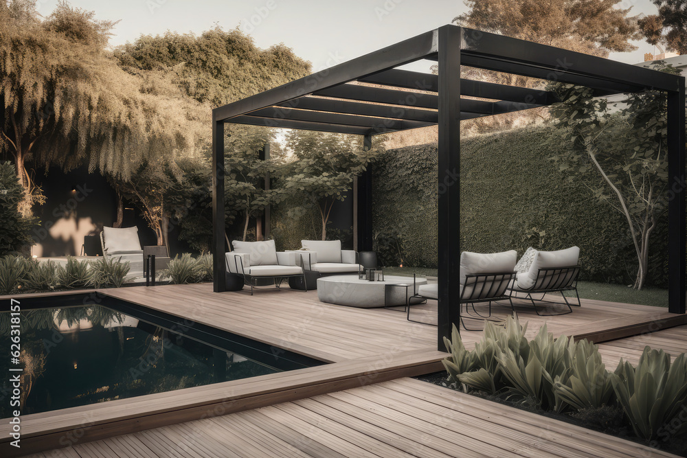 a lavish side outside garden at morning, with a teak hardwood deck and a black pergola. Scene in the evening with couches and lounge chairs by the pool, generative AI
a lavish side outside garden at morning, with a teak hardwood deck and a black pergola. Scene in the evening with couches and lounge chairs by the pool, generative AI