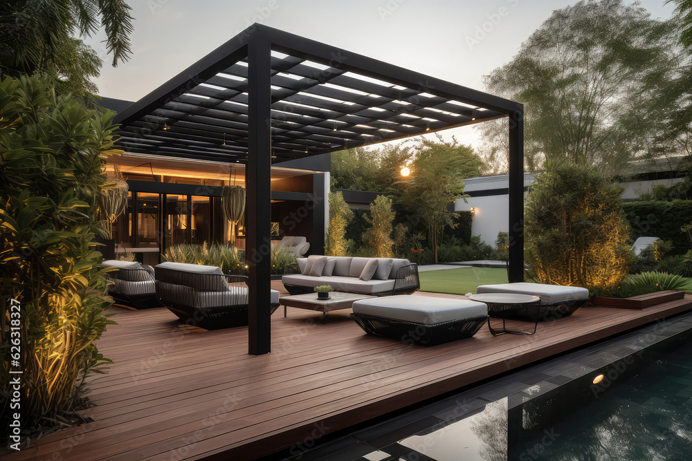 Obraz premium a lavish side outside garden at morning, with a teak hardwood deck and a black pergola. Scene in the evening with couches and lounge chairs by the pool, generative AI 