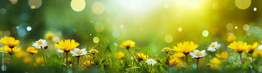 Banner with weadow field with rays of sun and bokeh lights. Background, postcard. Generative AI Banner with weadow field with rays of sun and bokeh lights. Background, postcard. Generative AI