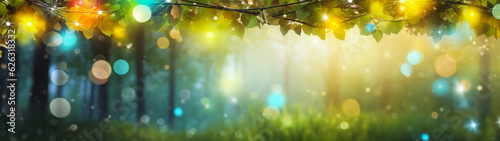 Banner with  summer nature. Rays of sun and bokeh lights. Background, postcard, border. Generative AI