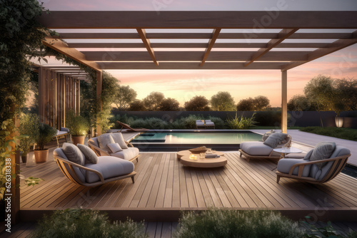 a lavish side outside garden at morning, with a teak hardwood deck and a black pergola. Scene in the evening with couches and lounge chairs by the pool, generative AI 