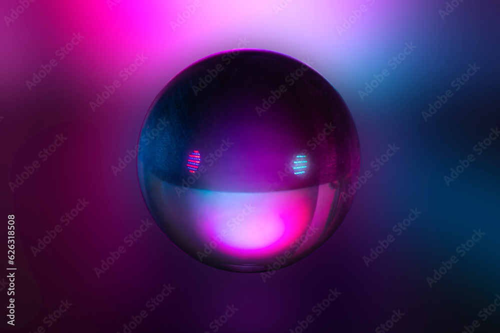 Cute and happy 3D face of the Artificial Intelligence assistant bot on a blurred pink and blue background
