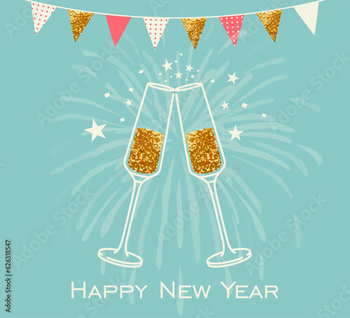Happy new year greeting card line art illustration vector design. Banner with champagne glasses, garland and fireworks. Event, party, celebration. Cheers 