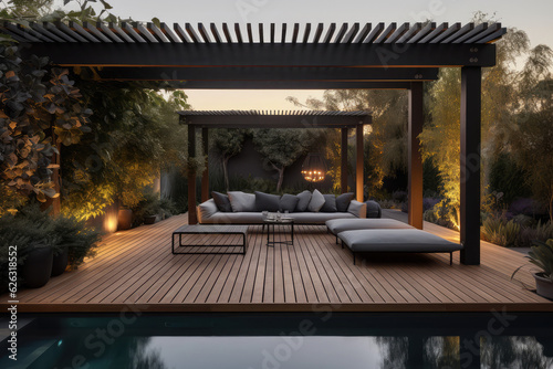 a lavish side outside garden at morning, with a teak hardwood deck and a black pergola. Scene in the evening with couches and lounge chairs by the pool, generative AI	

