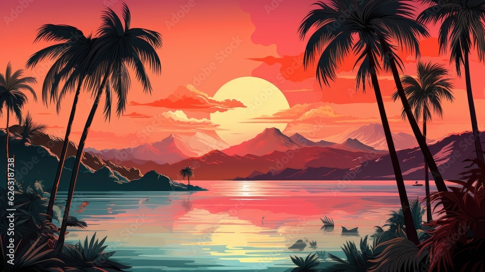 In the painting, there is a sunset with various natural elements. (Generative AI)