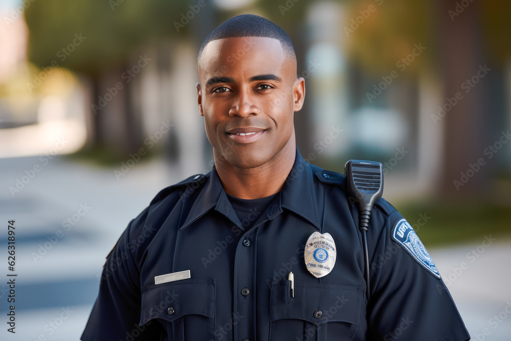 A portrait of proud and confident African American male police officer in uniform A portrait of proud and confident African American male police officer in uniform