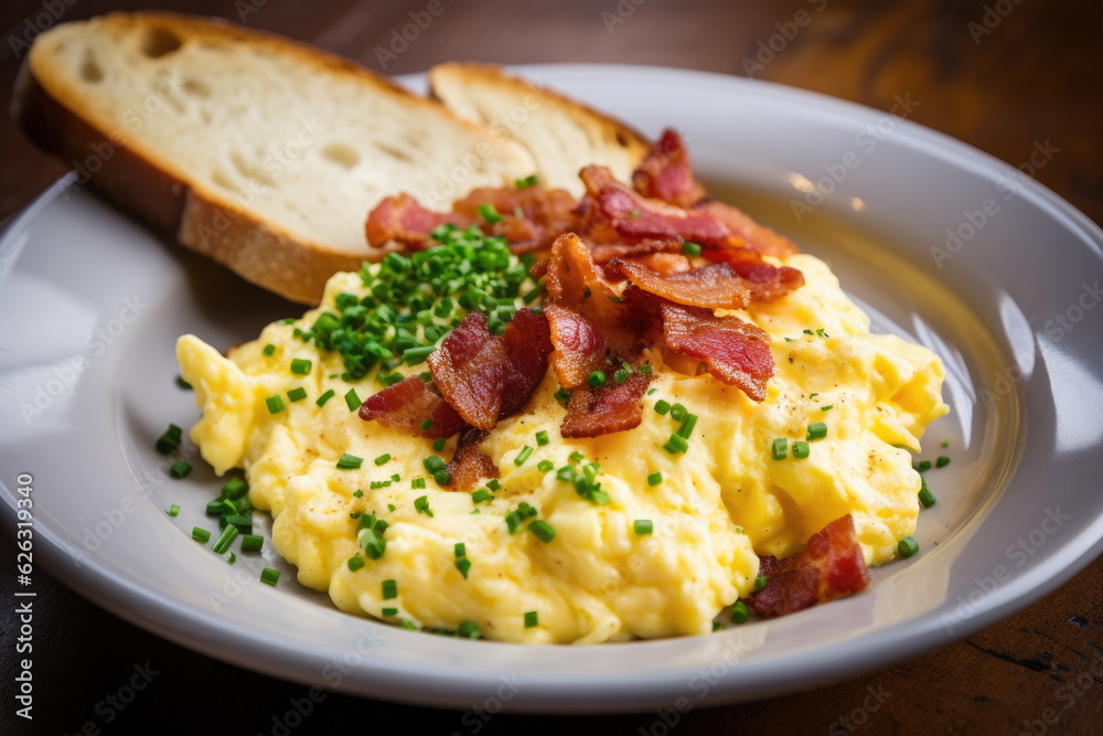 scrambled eggs with bacon and buttered toast scrambled eggs with bacon and buttered toast