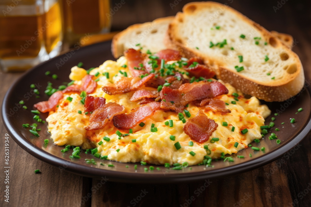 scrambled eggs with bacon and buttered toast scrambled eggs with bacon and buttered toast