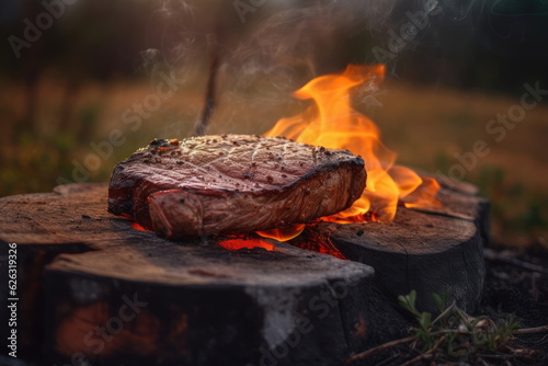 steak on fire with nature background