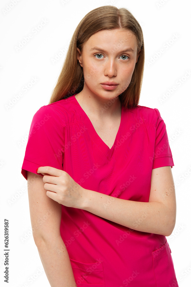 Fototapeta premium Beautiful girl doctor professional in work clothes on white background 