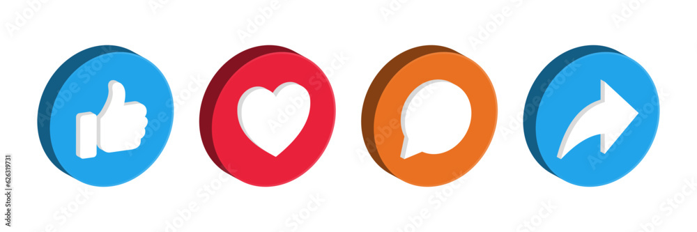 3d Like icon, comment, share icon button. social media notification icons , thumbs up icon, love, heart, forward icon signs - social network post reactions collection set. 3d vector illustration - obrazy, fototapety, plakaty 