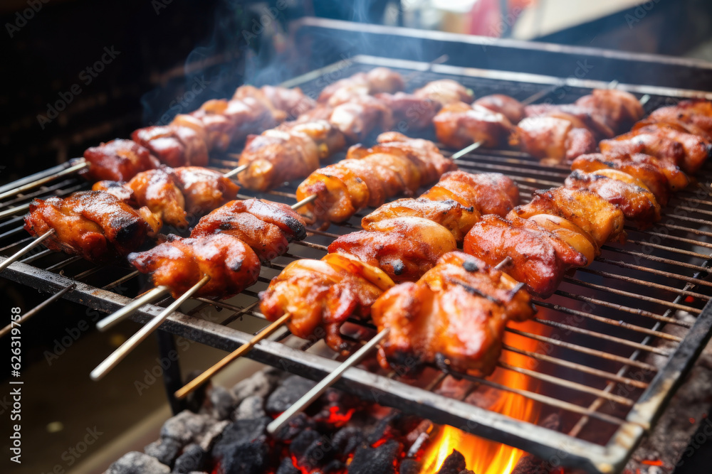 B-B-Q are grilled in the backyard.