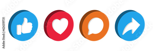 3d Like icon, comment, share icon button. social media notification icons , thumbs up icon, love, heart, forward icon signs - social network post reactions collection set. 3d vector illustration