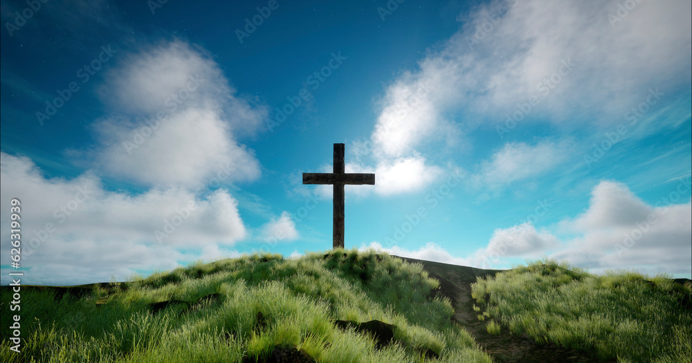 One cross on the green hill and clouds on blue sky One cross on the green hill and clouds on blue sky