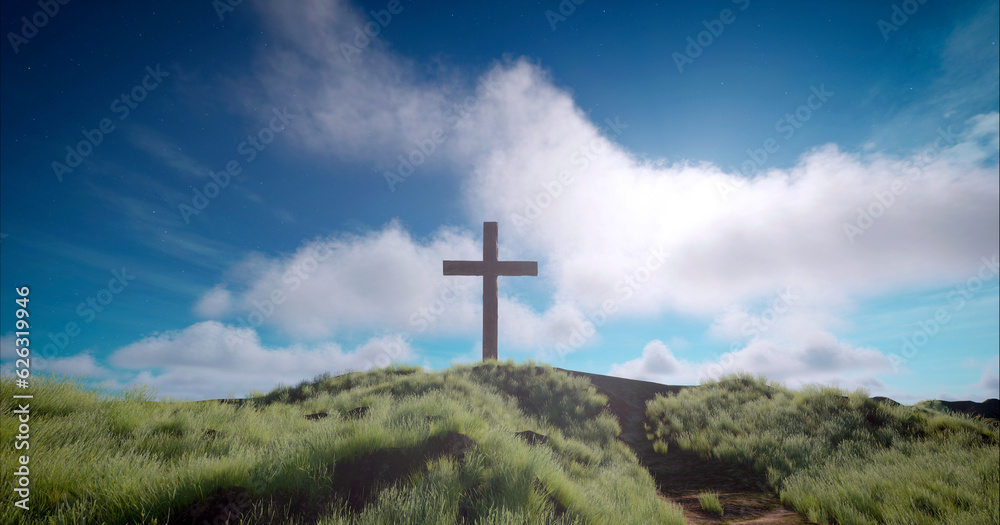 One cross on the hill with clouds on blue sky