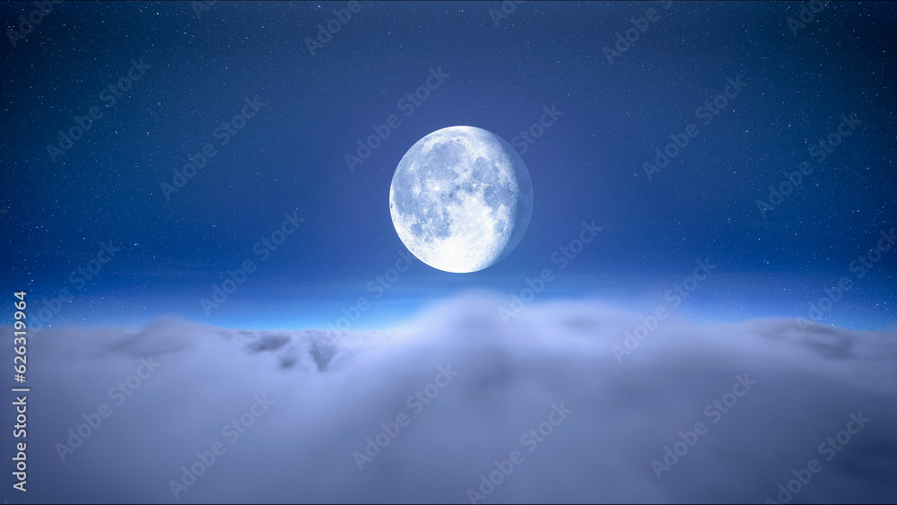 Full moon night and starry sky with moving clouds