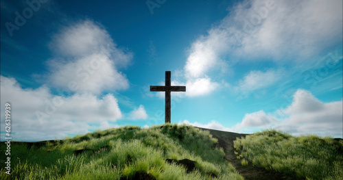One cross on the green hill and clouds on blue sky Fototapet