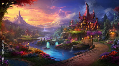 captivating realm, magical landscape, magic weaves through every aspect of life, blurring the lines between fantasy land and reality. Fantasy land, mystical realm photo