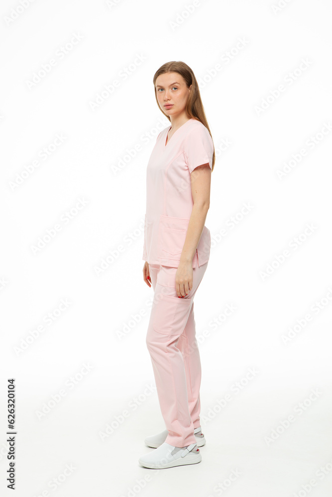 Beautiful girl doctor professional in work clothes on white background Beautiful girl doctor professional in work clothes on white background