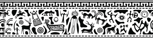Ethnic border on the theme of rock paintings, vector design, seamless border, banner