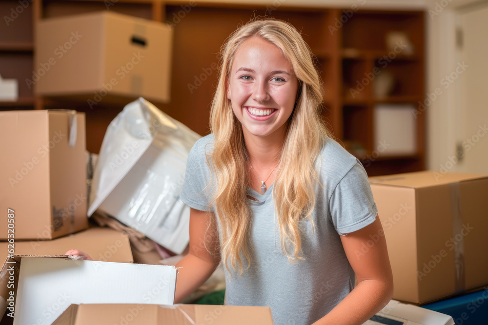 A female college freshman unpacking her things and stuff, moving into her university dorm room A female college freshman unpacking her things and stuff, moving into her university dorm room
