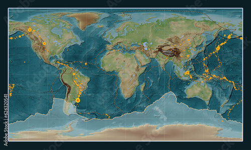 Antarctica tectonic plate. Patterson Cylindrical. Earthquakes and boundaries