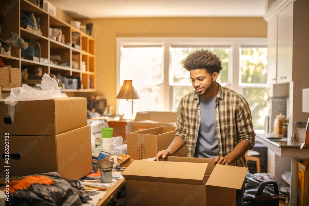 A male college freshman unpacking his things and stuff, moving into his university dorm room A male college freshman unpacking his things and stuff, moving into his university dorm room