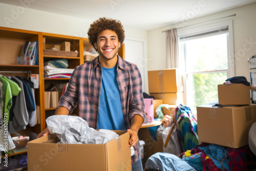 A male college freshman unpacking his things and stuff, moving into his university dorm room photo