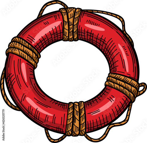 Red lifebuoy with rope isolated sketch. Hand drawn life ring in engraving style.