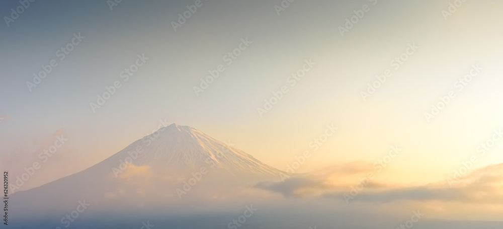 Fuji mountain with sunrise sky, close up snow capped mount fuji.