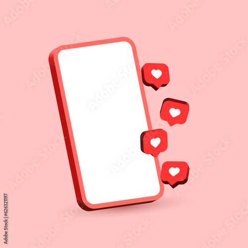 Mobile phone with like icon, heart in 3d speech bubble icon. social media notification icons background, chat bubbles icon set - modern Empty screen smartphone. digital marketing, vector illustration