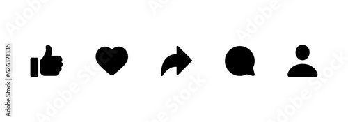 Like, comment, share and follower icon set. social media notification icons , social network user interface flat icons, thumb up icon, love, heart, repost, forward, reply, user, icons set
