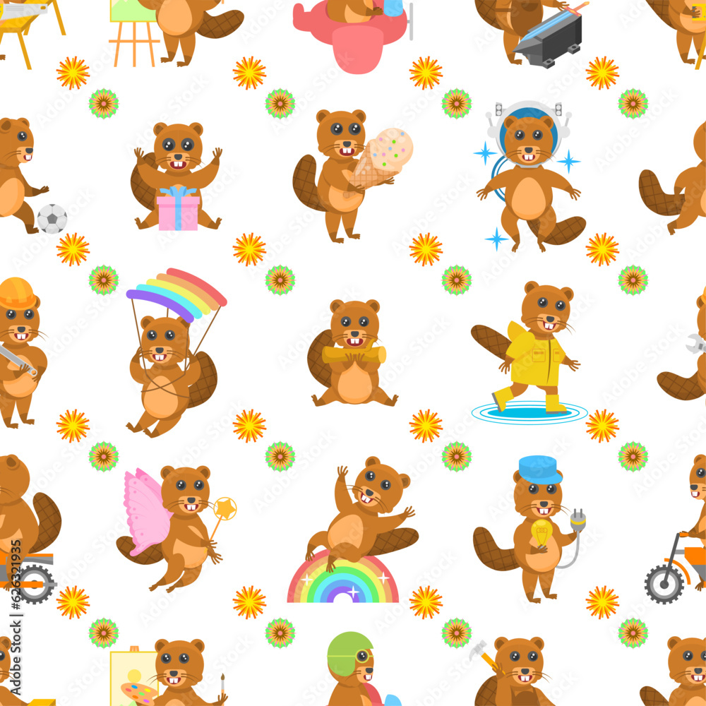 Seamless Pattern Abstract Flat Cartoon Different Animal Beavers Vector Design Style Elements Fauna Wildlife Seamless Pattern Abstract Flat Cartoon Different Animal Beavers Vector Design Style Elements Fauna Wildlife