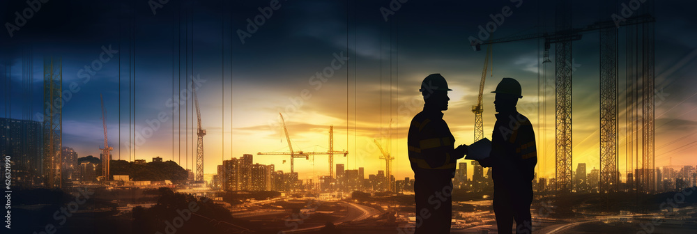 A Silhouette of Engineer and Construction crew Working in Heavy Industry at high Altitude and Safety concept. Copy Space Banner for Design. Generated with AI. A Silhouette of Engineer and Construction crew Working in Heavy Industry at high Altitude and Safety concept. Copy Space Banner for Design. Generated with AI.
