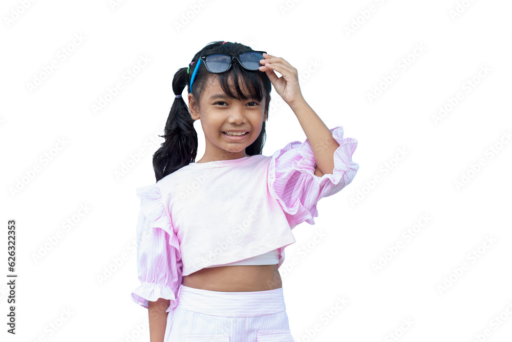 Portrait cute Asian little girl with glasses on her head and smile isolated on white background.