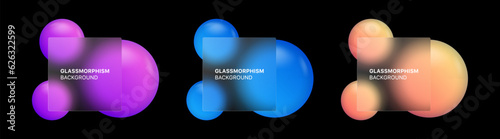 glassmorphism background banner with transparent glass frame template . Realistic Frosted glass morphism effect with blurred abstract gradient orange, purple, blue circle shapes. Vector illustration