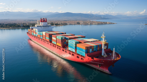container ship cruise on the sea, aerial view, afternoon, clear water, 
