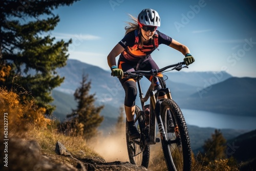 Mountain biking woman riding on bike in summer mountains forest landscape. Generative AI