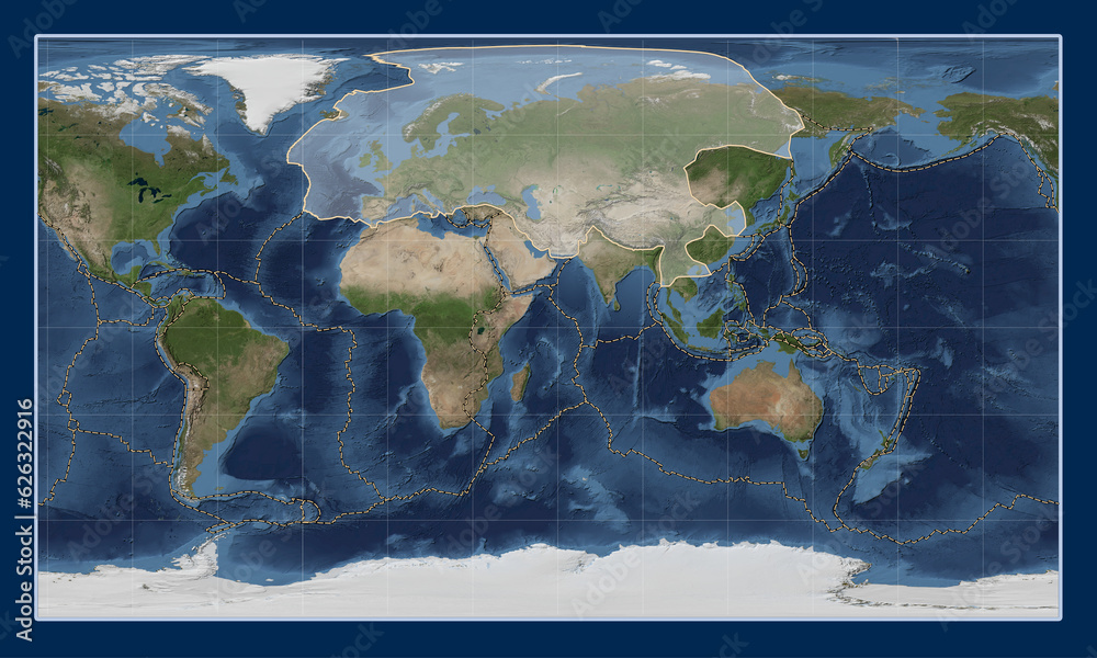 Eurasian tectonic plate. Satellite. Patterson Cylindrical. Boundaries