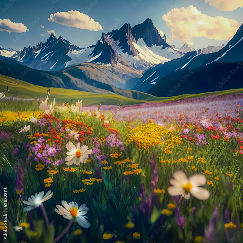 Fototapeta premium Pastoral landscape, alpine meadow with flowers and mountains