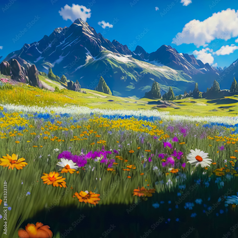 Fototapeta premium Pastoral landscape, alpine meadow with flowers and mountains