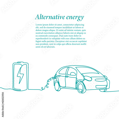 Storage battery and electromobile.  Green energy and renewable source of power concept in simple linear style. Doodle vector illustration.
