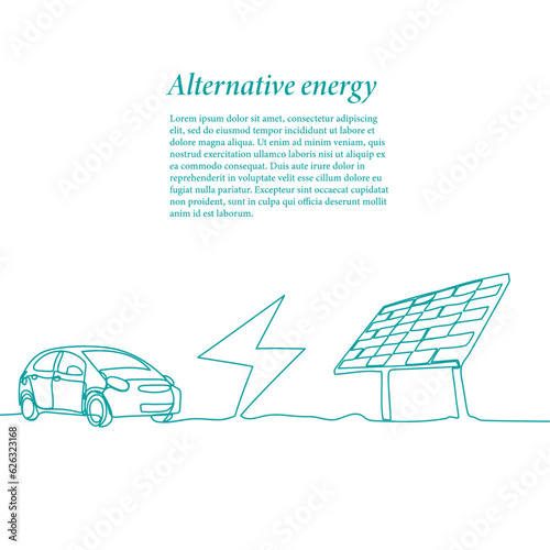 Electromobile and solar panels.  Green energy and renewable source of power concept in simple linear style. Doodle vector illustration.