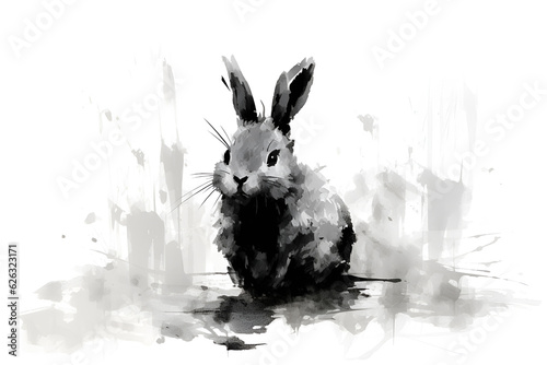 rabbit in Chinese brush stroke calligraphy in black and grey drawing inking © makna